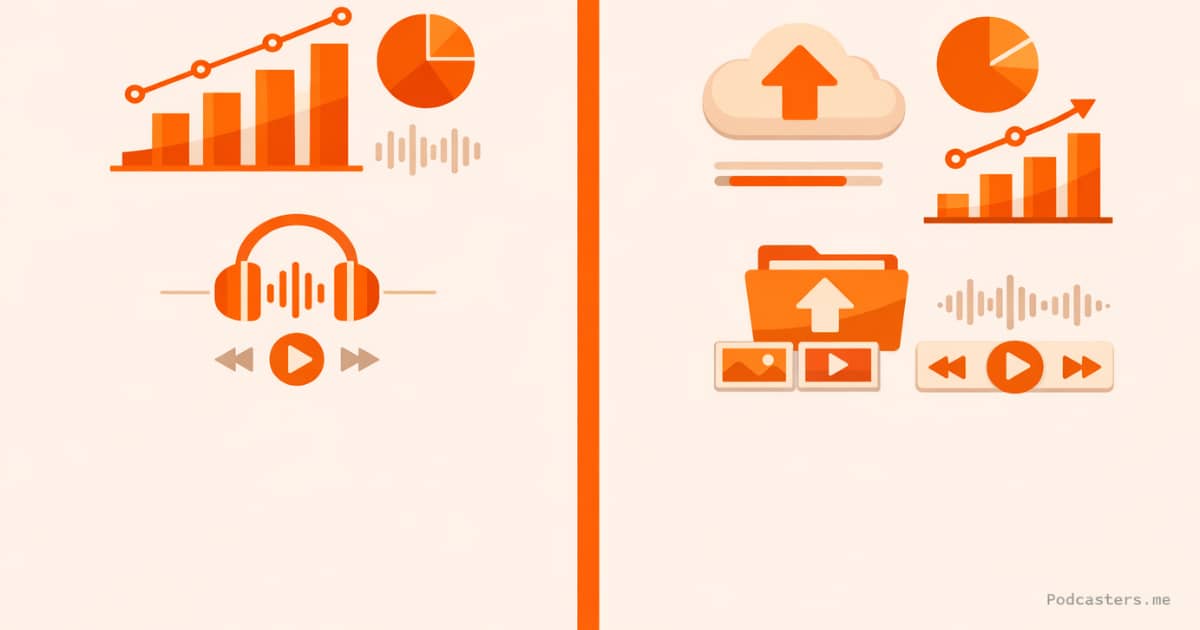 Captivate vs Castos podcast hosting comparison — split-panel flat design graphic with orange accent divider