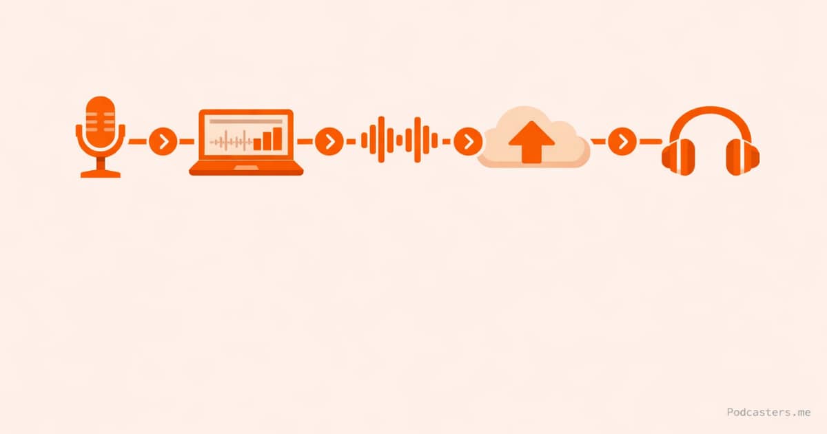 How to start a podcast in 2026 — step-by-step flat design graphic showing the podcast creation journey with orange accents